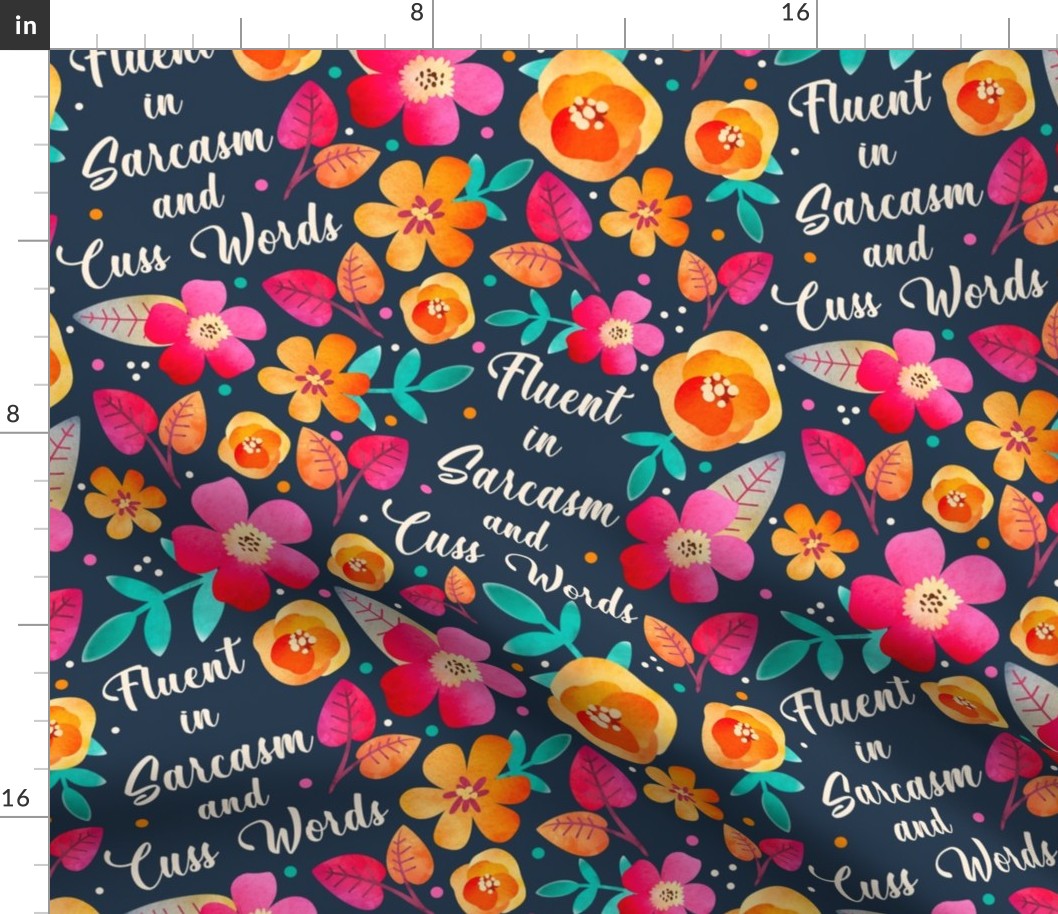Large Scale Fluent in Sarcasm and Cuss Words Funny Adult Humor Floral on Navy