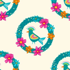 Colorful bird in a green wreath with flowers | large