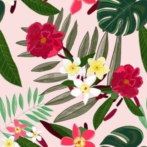 Seamless pattern for textile design. Red tropical flowers. Frangipani. Palm monstera leaves. Tropical vector seamless floral pattern background. Decorative beautiful illustration wallpaper
