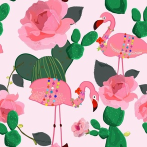 Flamingos. Exotic birds. Hand drawn pink roses with cactus. Tropical floral pattern