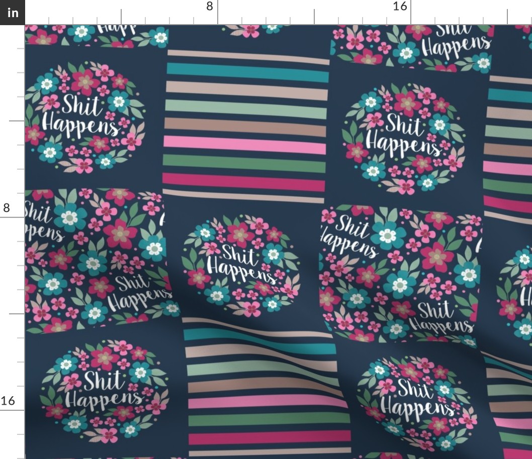 Bigger Patchwork 6" Squares Shit Happens Sarcastic Sweary Floral on Navy for Cheater Quilt or Blanket