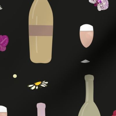 Colorful champagne bottle and glass of champagne with orchid pattern black background