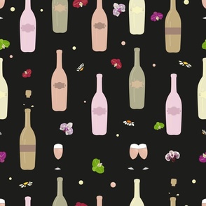 Colorful champagne bottle and glass of champagne with orchid pattern black background