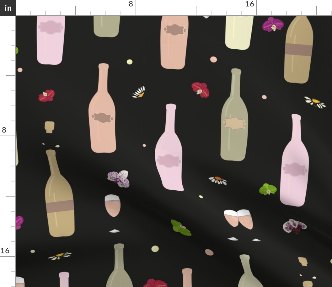 Colorful champagne bottle and glass of champagne with orchid pattern black background
