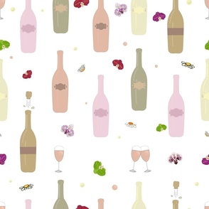 Colorful champagne bottle and glass of champagne with orchid pattern