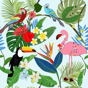Toucan Parrot Flamingo and tropical flowers