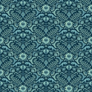 Jumping foxes maximalist folk floral - cyan blue, duck egg and  light lemon  - mid-small