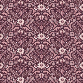 Jumping foxes maximalist folk floral damask - burgundy and dusty rose  - mid-small