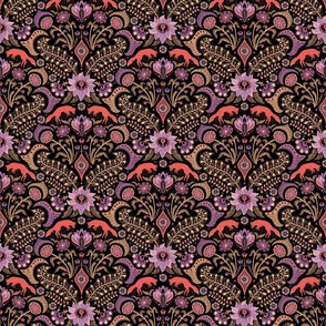 Jumping foxes maximalist folk floral damask - gold, coral and purple on black - mid-small