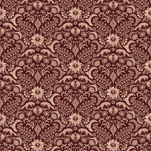 Jumping foxes maximalist folk floral damask damask - burgundy and warm terracotta clay - mid-small