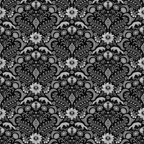 Jumping foxes maximalist folk floral damask - greyscale, black, silver and white monochrome  - mid-small