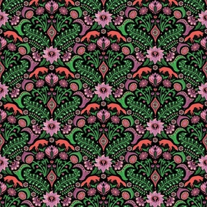 Jumping foxes maximalist folk floral damask - peony, coral and grass on black - mid-small