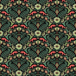 Jumping foxes maximalist folk floral damask - citrine, coral and green on black - mid-small