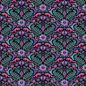 Jumping foxes maximalist folk floral damask - pink, purple and aqua blue on black - mid-small