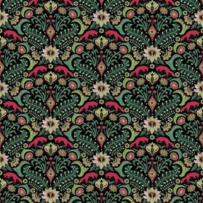 Jumping foxes maximalist folk floral damask - citrine, cranberry red and green on black - mid-small