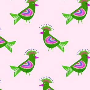 colorful birds on light pink | large