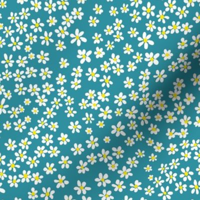 (S) Tiny quilting floral - small white flowers on Lagoon blue - Petal Signature Cotton Solids coordinate