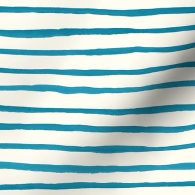 Large Handpainted watercolor wonky uneven stripes - Caribbean blue on cream - Petal Signature Cotton Solids coordinate 