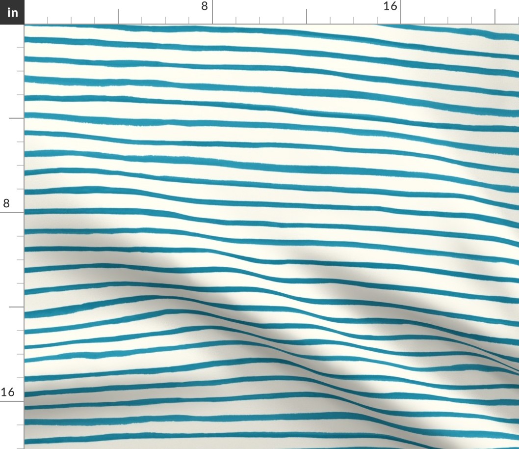 Large Handpainted watercolor wonky uneven stripes - Caribbean blue on cream - Petal Signature Cotton Solids coordinate 