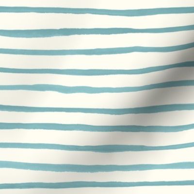 Large Handpainted watercolor wonky uneven stripes - Pool blue on cream - Petal Signature Cotton Solids coordinate 