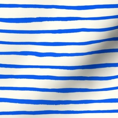 Large Handpainted watercolor wonky uneven stripes - Cobalt blue on cream - Petal Signature Cotton Solids coordinate 