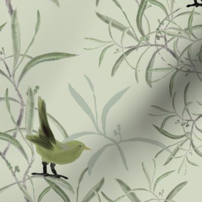 Whimsical Ornamental Olive Branches with Blackbirds and Friends - LARGE