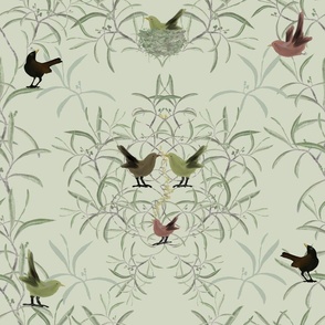 Whimsical Ornamental Olive Branches with Blackbirds and Friends