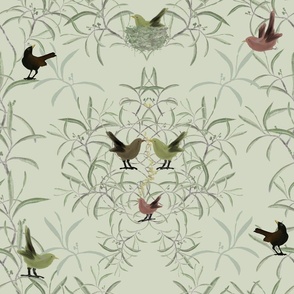 Whimsical Ornamental Olive Branches with Blackbirds and Friends - LARGE