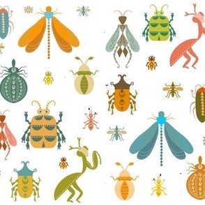 Insects, retro colours, dragonflies, beetles, bugs on white  8x7”
