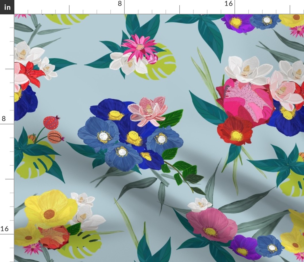 Magnolia, lily, protea and colorful flowers pattern