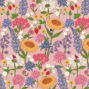 Whimsical Floral Wallpaper - little fairies in a wild flower meadow - colorful bright and happy - pink - small