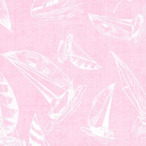 Sailboat Sketches on Pale Pink Linen Texture Background, Medium Scale Design 