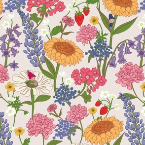 Whimsical Floral Wallpaper - little fairies in a wild flower meadow - colorful bright and happy - off-white - medium