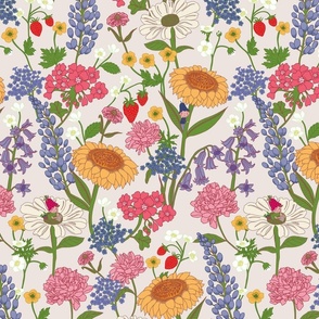 Whimsical Floral Wallpaper - little fairies in a wild flower meadow - colorful bright and happy - off-white - small