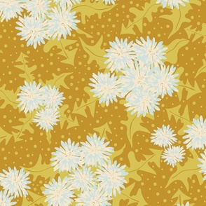  spring garden |  whimsy dandelions 24'' | pale baby blue and cream flowers, yellow spring green leaves on  mustard background with blush pink polka dots