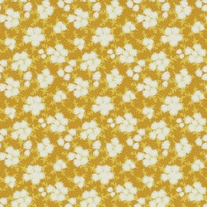 spring garden |  whimsy dandelions  6'' | pale baby blue and cream flowers, yellow spring green leaves on  mustard background with blush pink polka dots