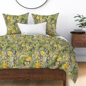 Hidden-whimsey-osmanthus-orchids-ferns-warblers-yellow-green-orange-grey-white-black-on-buff