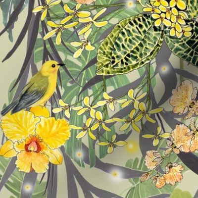 Hidden-whimsey-osmanthus-orchids-ferns-warblers-yellow-green-orange-grey-white-black-on-buff