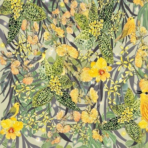 Hidden-whimsey-osmanthus-orchids-ferns-warblers-yellow-green-orange-grey-white-black-on-buff