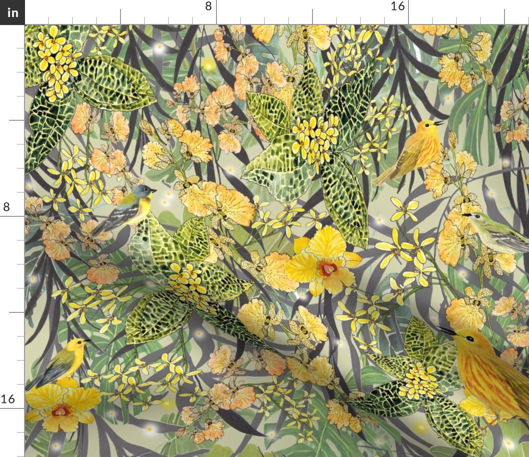 Hidden-whimsey-osmanthus-orchids-ferns-warblers-yellow-green-orange-grey-white-black-on-buff