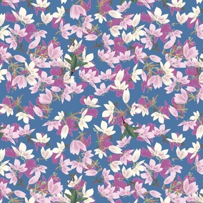 Magnolias & Hummingbirds on dark blue