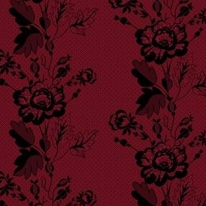Retro Floral on Mesh Lace in Black on Burgundy - Coordinate
