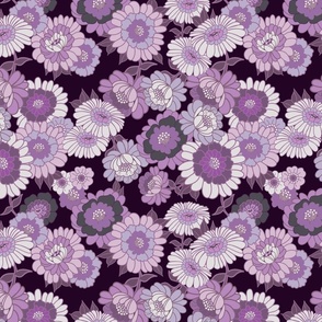 Vintage Wallpaper Flowers in Purple and Violet tonals- Dark Purple background