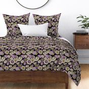 Vintage Wallpaper Flowers in Purple and Green tonals- Black background