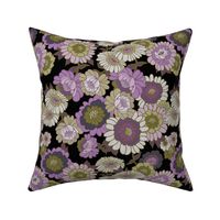 Vintage Wallpaper Flowers in Purple and Green tonals- Black background