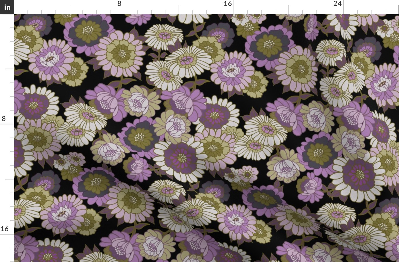 Vintage Wallpaper Flowers in Purple and Green tonals- Black background