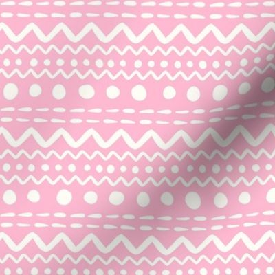 Smaller Scale ZigZag Stripes and Dots Antique White on Pink