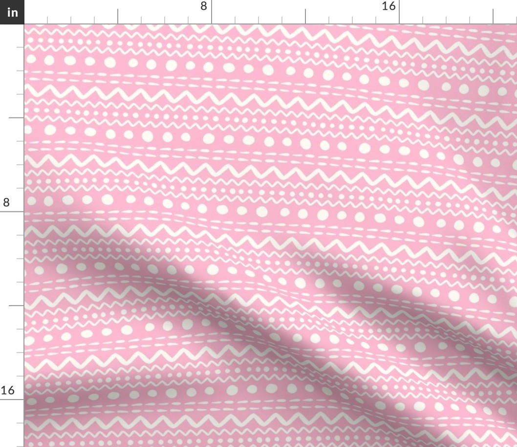 Smaller Scale ZigZag Stripes and Dots Antique White on Pink