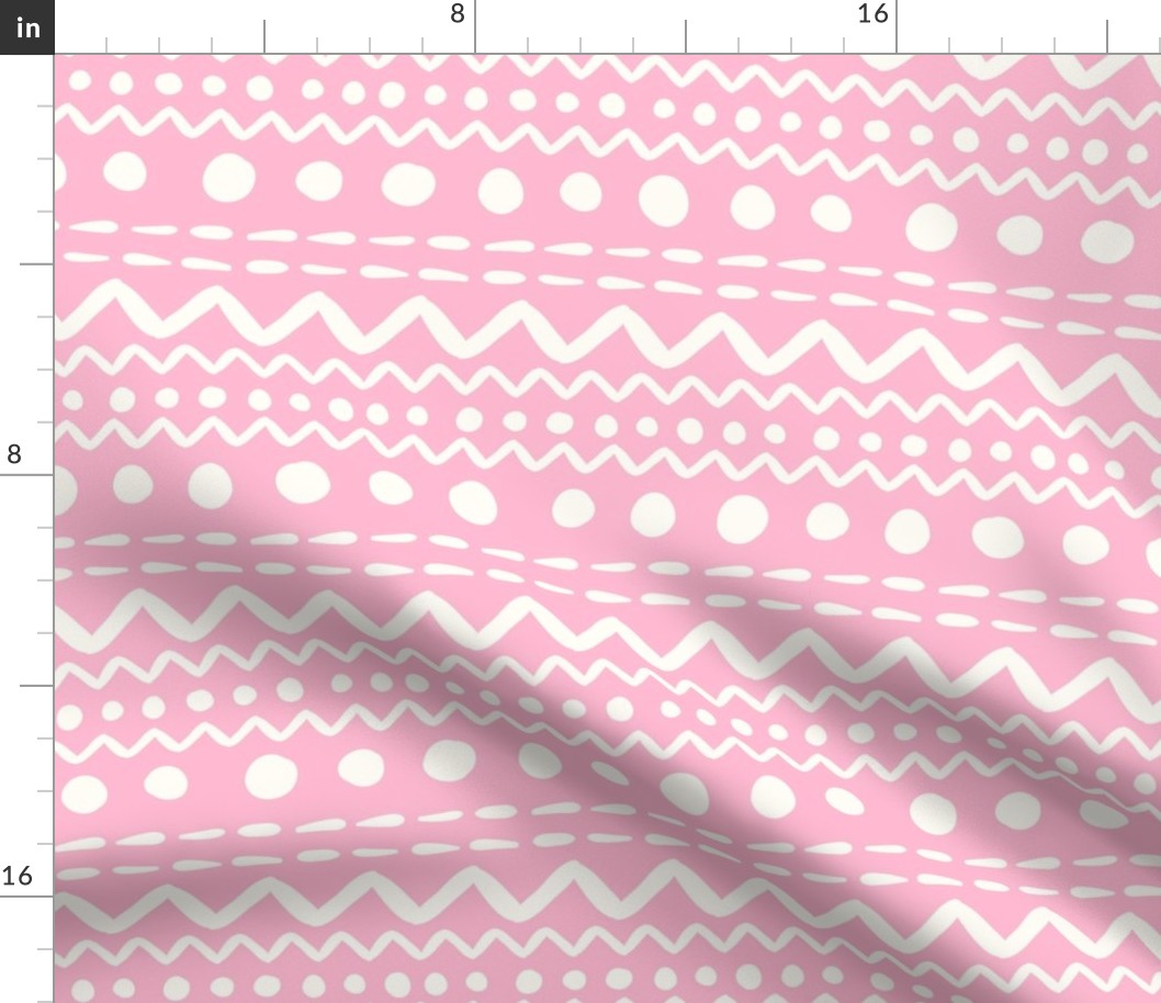 Bigger Scale ZigZag Stripes and Dots Antique White on Pink