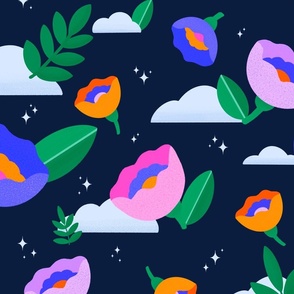 Clouds and Bright Florals - Navy